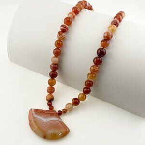 Jay King Necklace Carnelian Agate Carved Fan Pendant Beaded Sterling Silver 86g